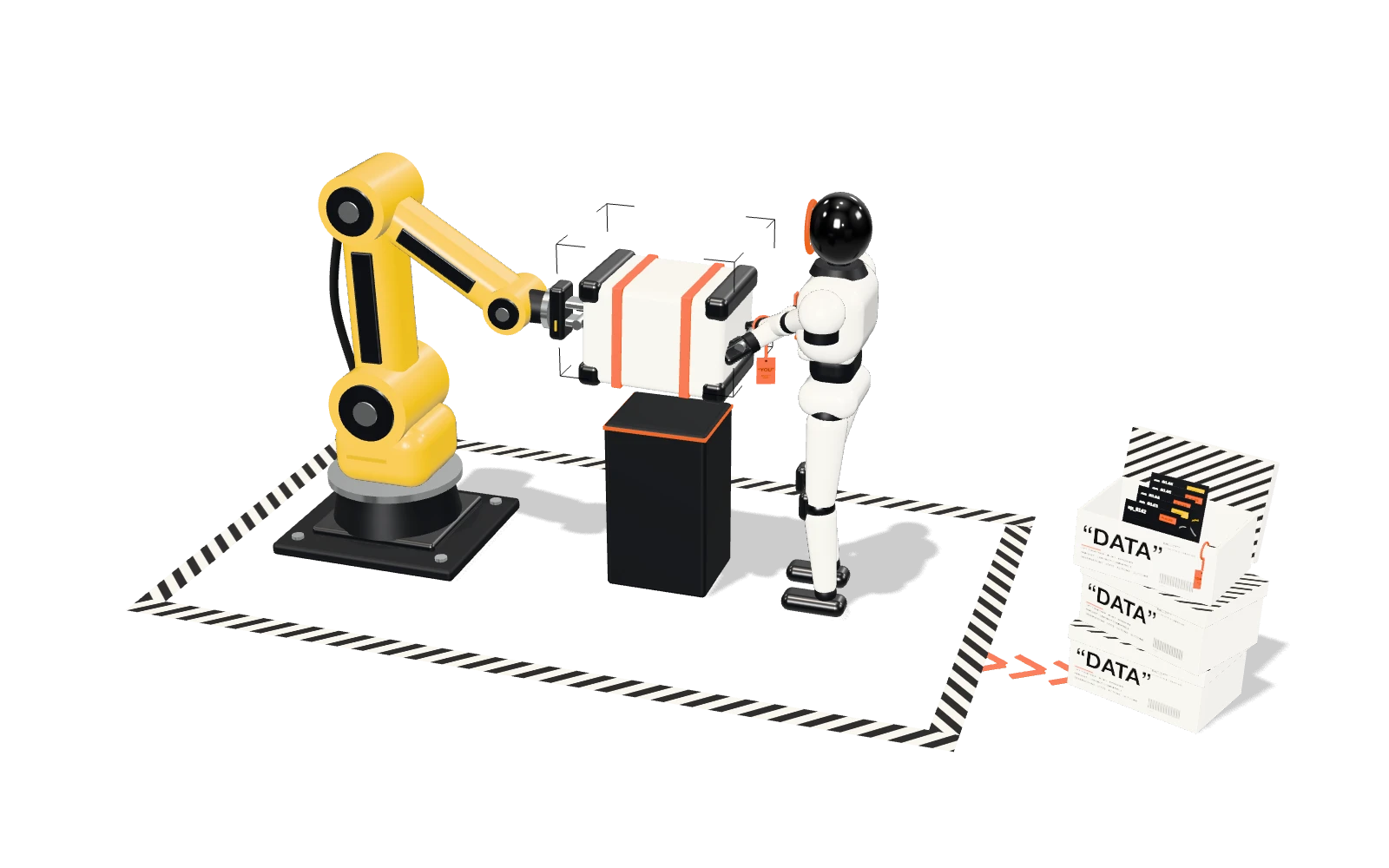 A task being played, and its data: in a striped work cell a yellow robot arm and a pearl humanoid, tagged “You”, lift a crate together; beside the cell stands a stack of white boxes printed “DATA”, the top one open and full of episode cards.